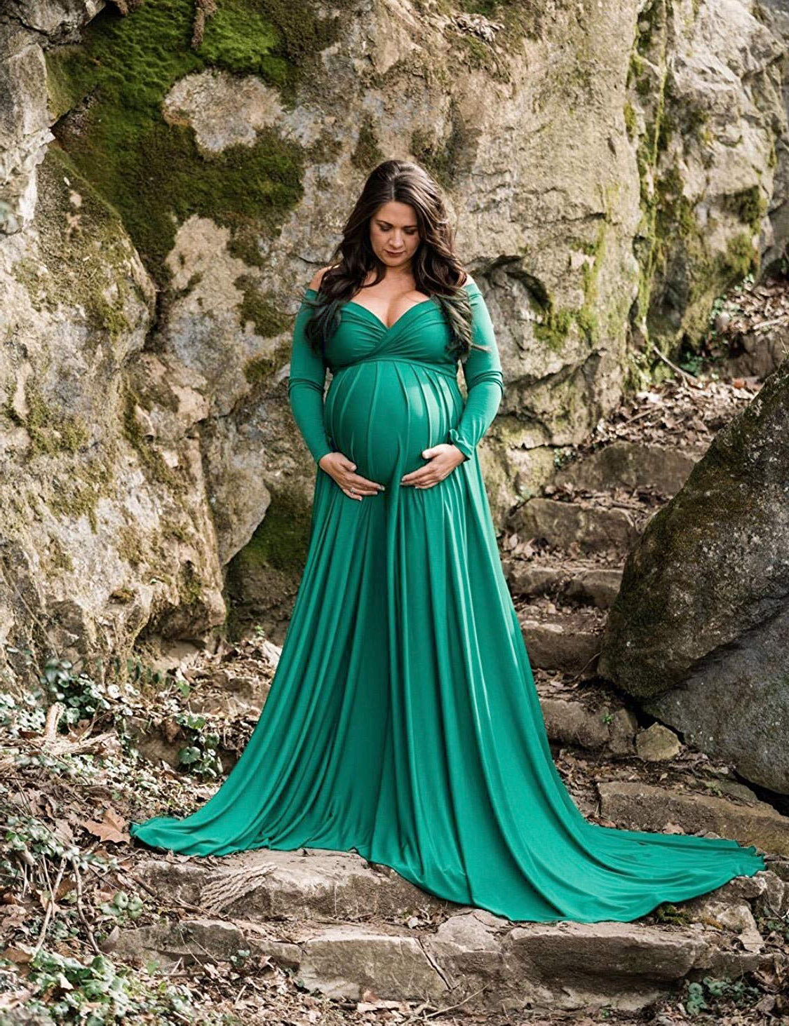 Regular Fit O-Neck Maternity Long dress, Medium Green