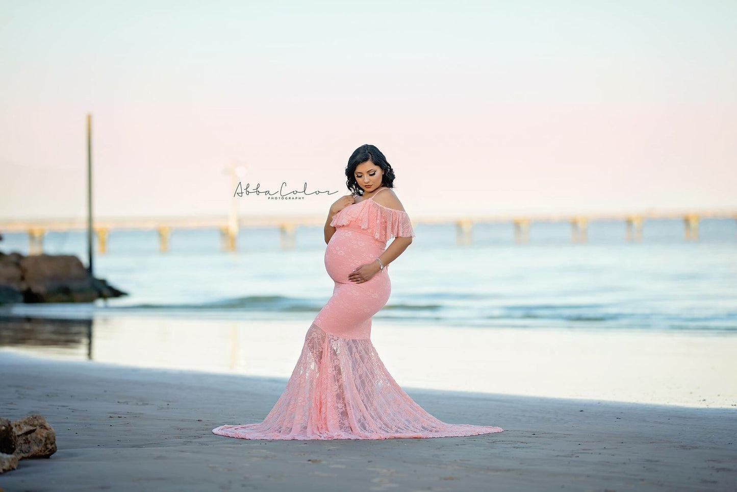 Fox Sexy Off the Shoulder Long Lilac Lace Maternity Dress for Photoshoot