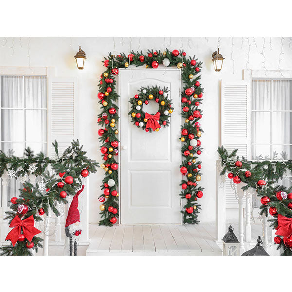 Fox Rolled White Front Door Christmas Vinyl Backdrop - Foxbackdrop