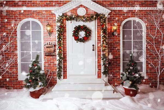 Fox Christmas House Door Snow Vinyl Photoshoot Backdrop