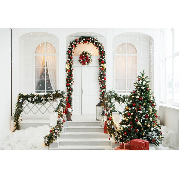 Fox Christmas White House Snow Vinyl Photo Backdrop - Foxbackdrop