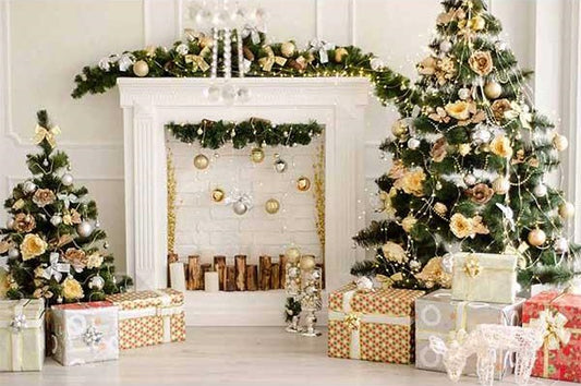 Fox Christmas Fireplace Golden Vinyl Backdrops