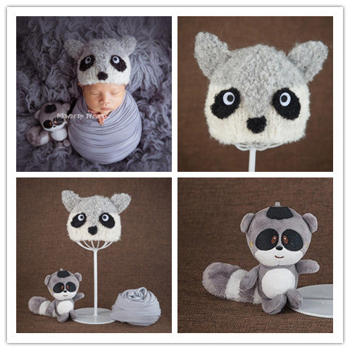 Fox 3pcs Baby Hat Posing Wrap Toy Kit Raccooncap Newborn Baby Studio Props - Foxbackdrop